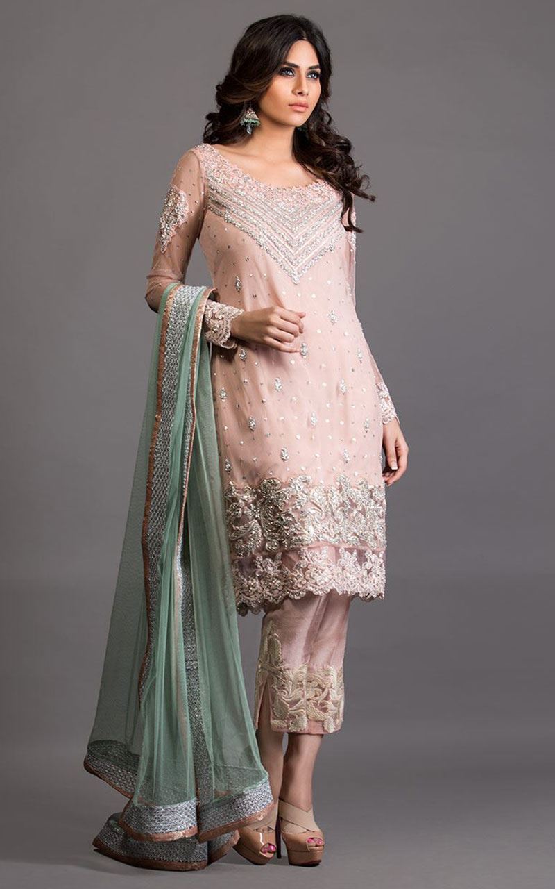 Salmon pink and pistachio green embellished outfit