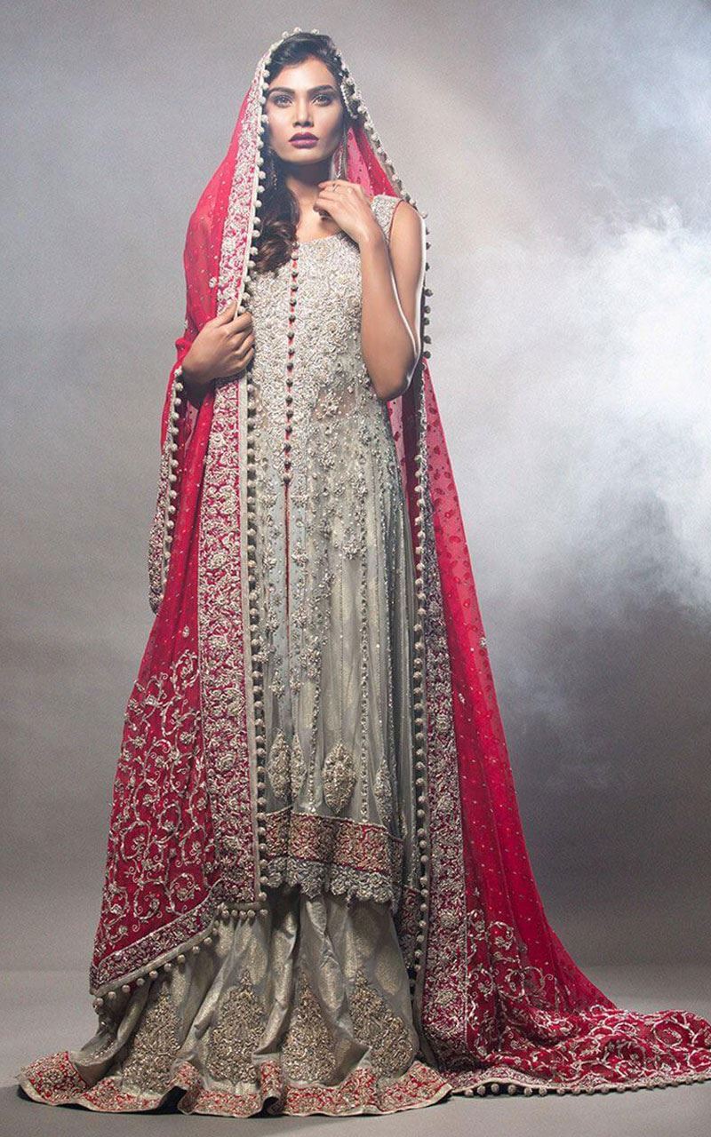 Designer Bridal Red Lehenga With Gold Zari Weaving With Grey Thread To –  garment villa
